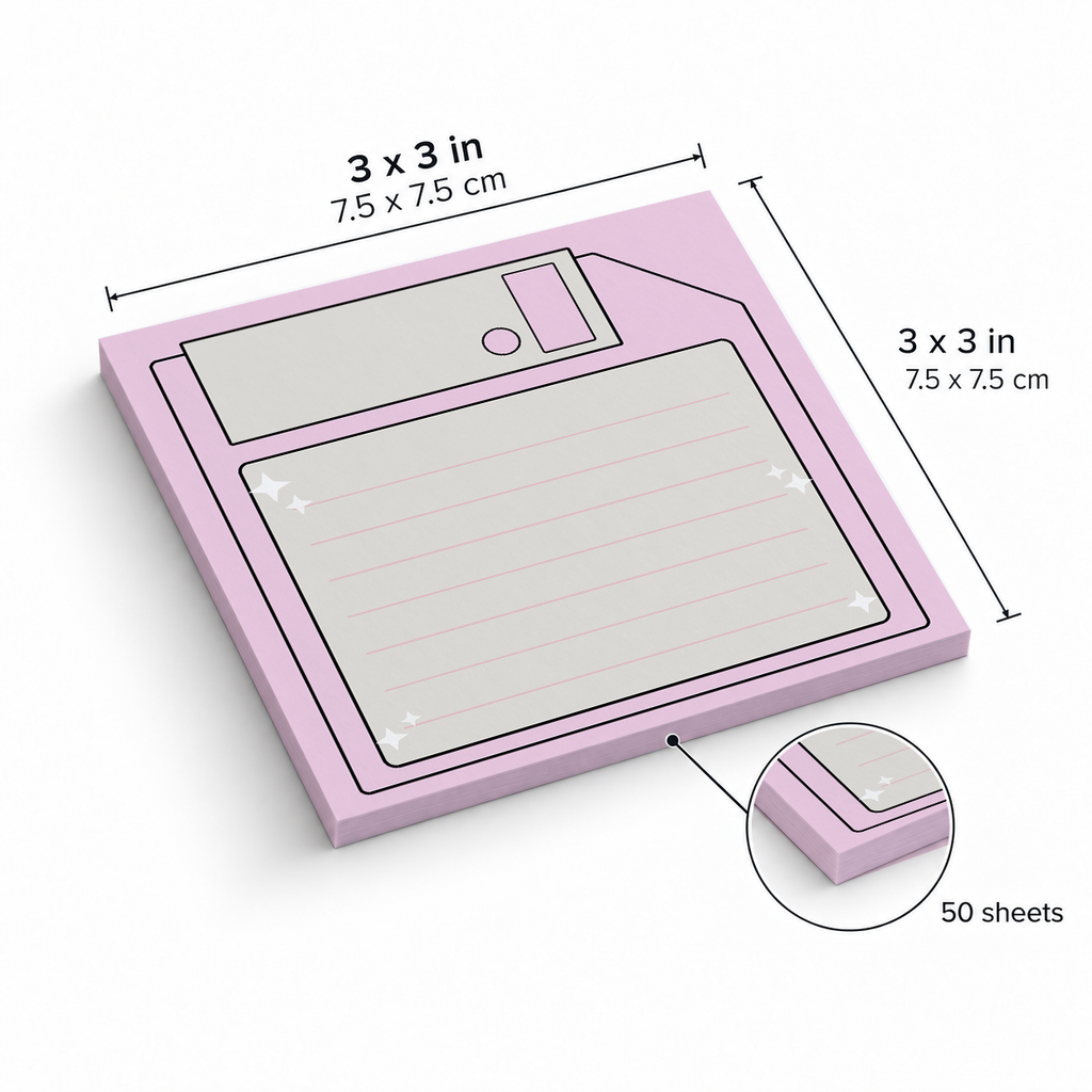 Pastel Pink Floppy Disk sticky notes, 3x3 in (7.5 x 7.5 cm), 50 sheets