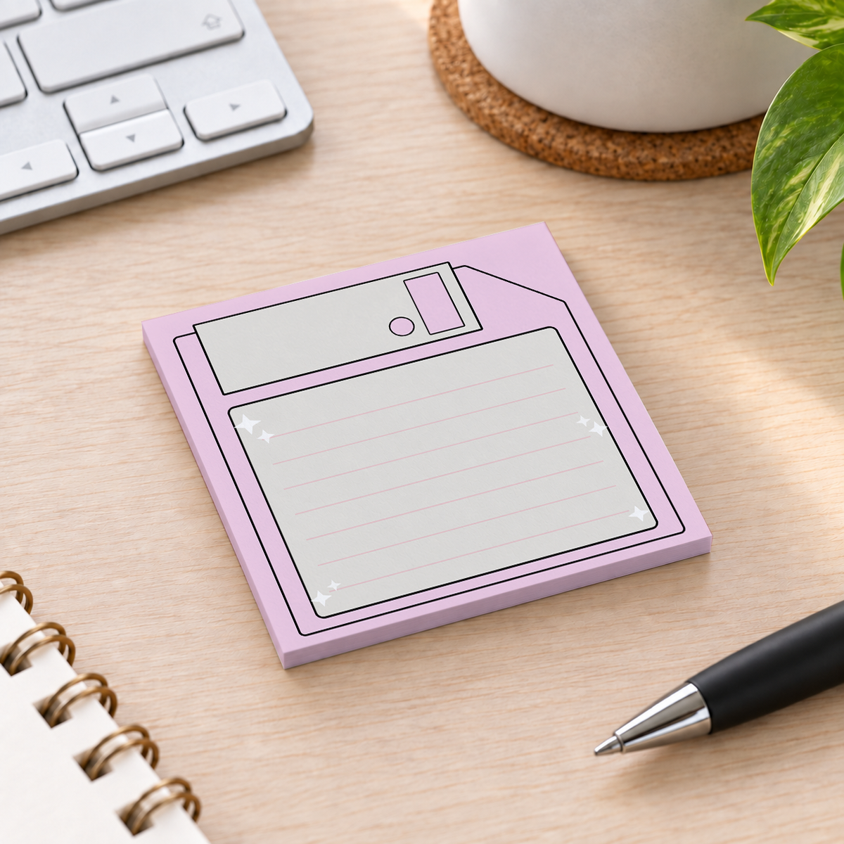 Close-up of Pastel Pink Floppy Disk sticky note design and writable area