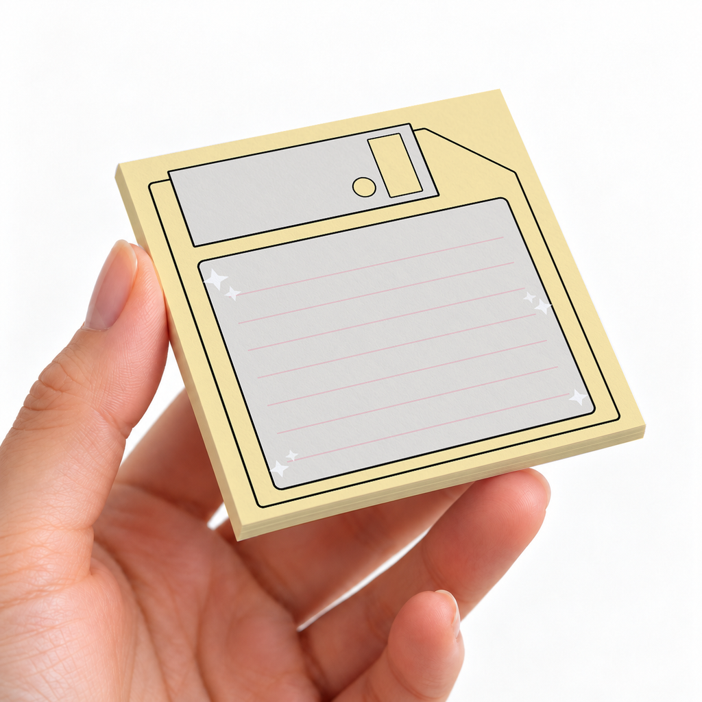 Pastel Yellow Floppy Disk sticky note pad on a desk with stationery