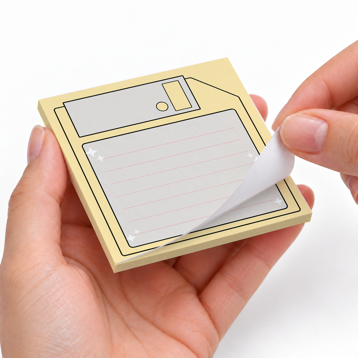 Pastel Yellow Floppy Disk sticky notes styled with a planner and desk accessories