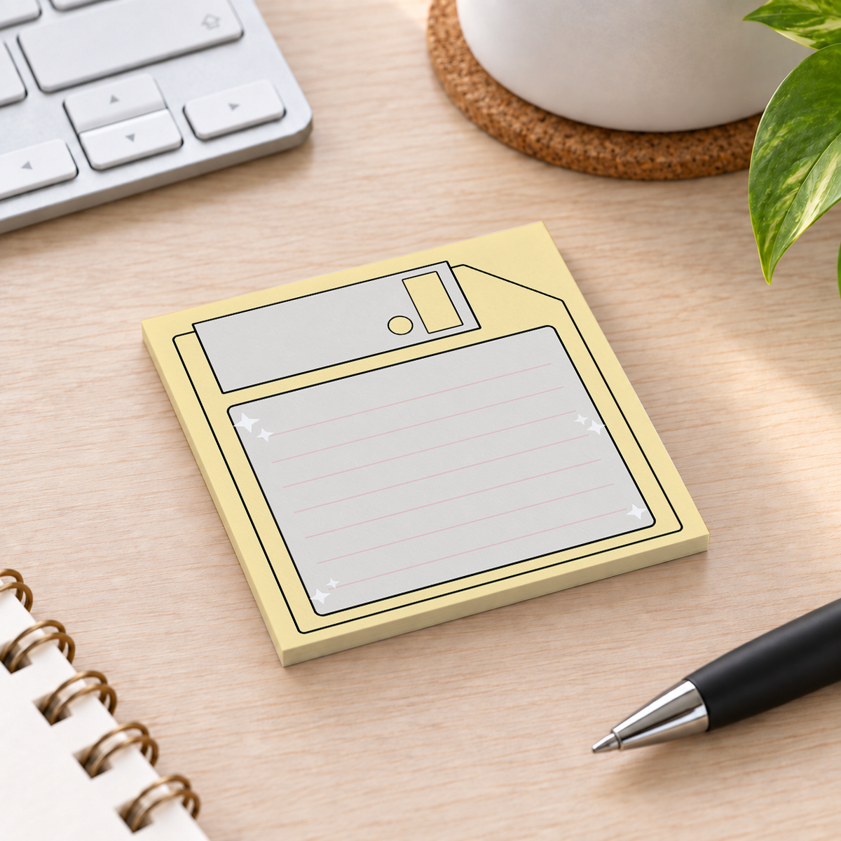 Close-up of Pastel Yellow Floppy Disk sticky note design and writable area