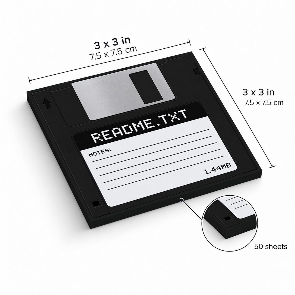 Black README.TXT Floppy Disk sticky notes, 3x3 in (7.5 x 7.5 cm), 50 sheets