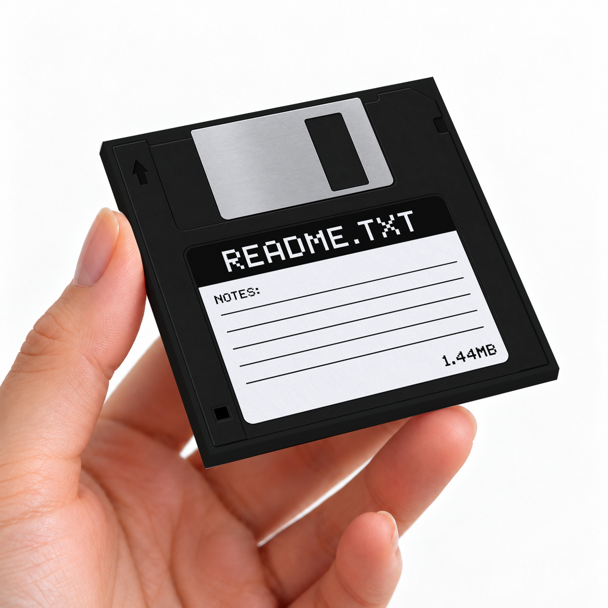 Black README.TXT Floppy Disk sticky note pad on a desk with stationery
