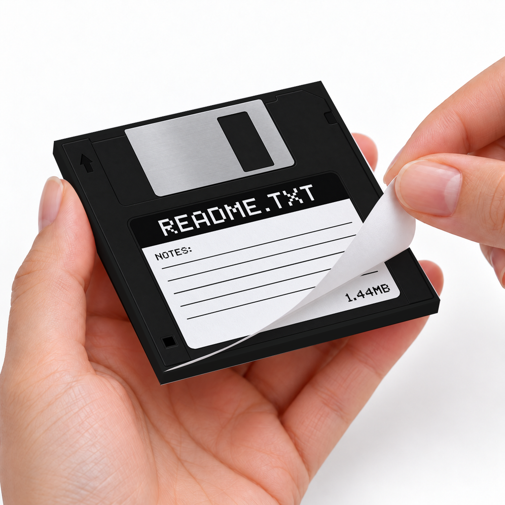 Black README.TXT Floppy Disk sticky notes styled with a planner and desk accessories