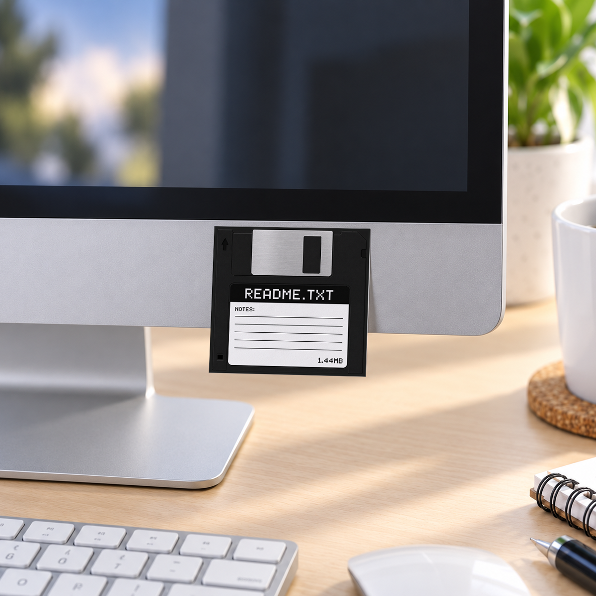 Black README.TXT Floppy Disk memo pad in an office or home workspace