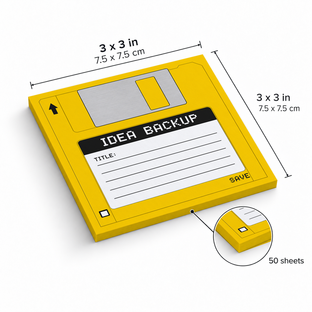 Yellow Idea Backup Floppy Disk sticky notes, 3x3 in (7.5 x 7.5 cm), 50 sheets