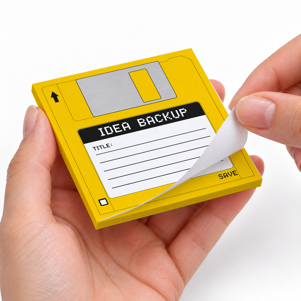 Yellow Idea Backup Floppy Disk sticky notes styled with a planner and desk accessories