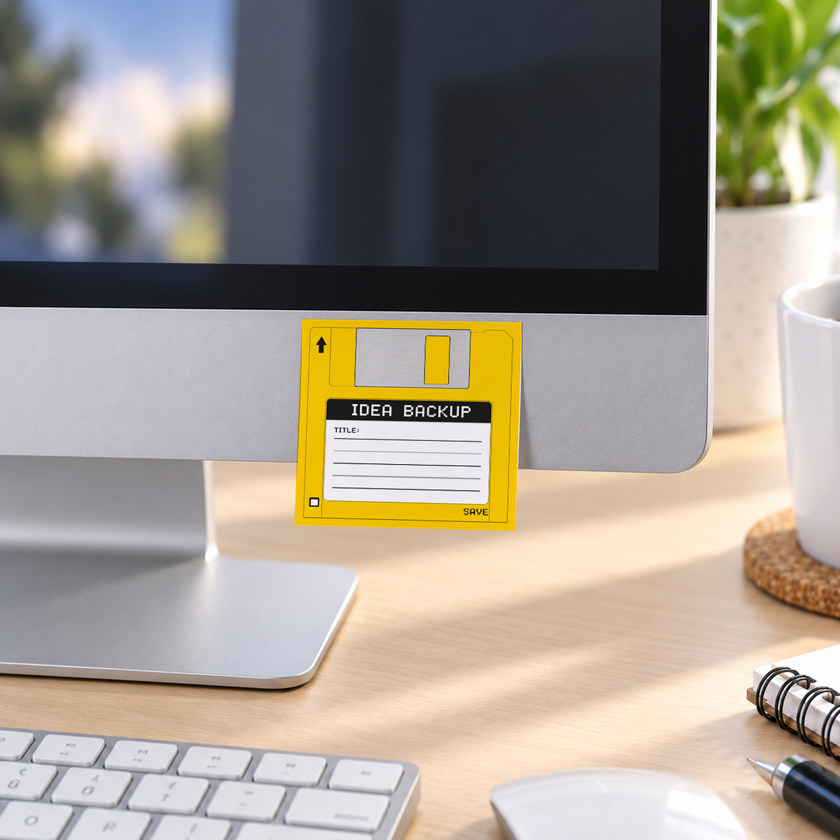 Yellow Idea Backup Floppy Disk memo pad in an office or home workspace