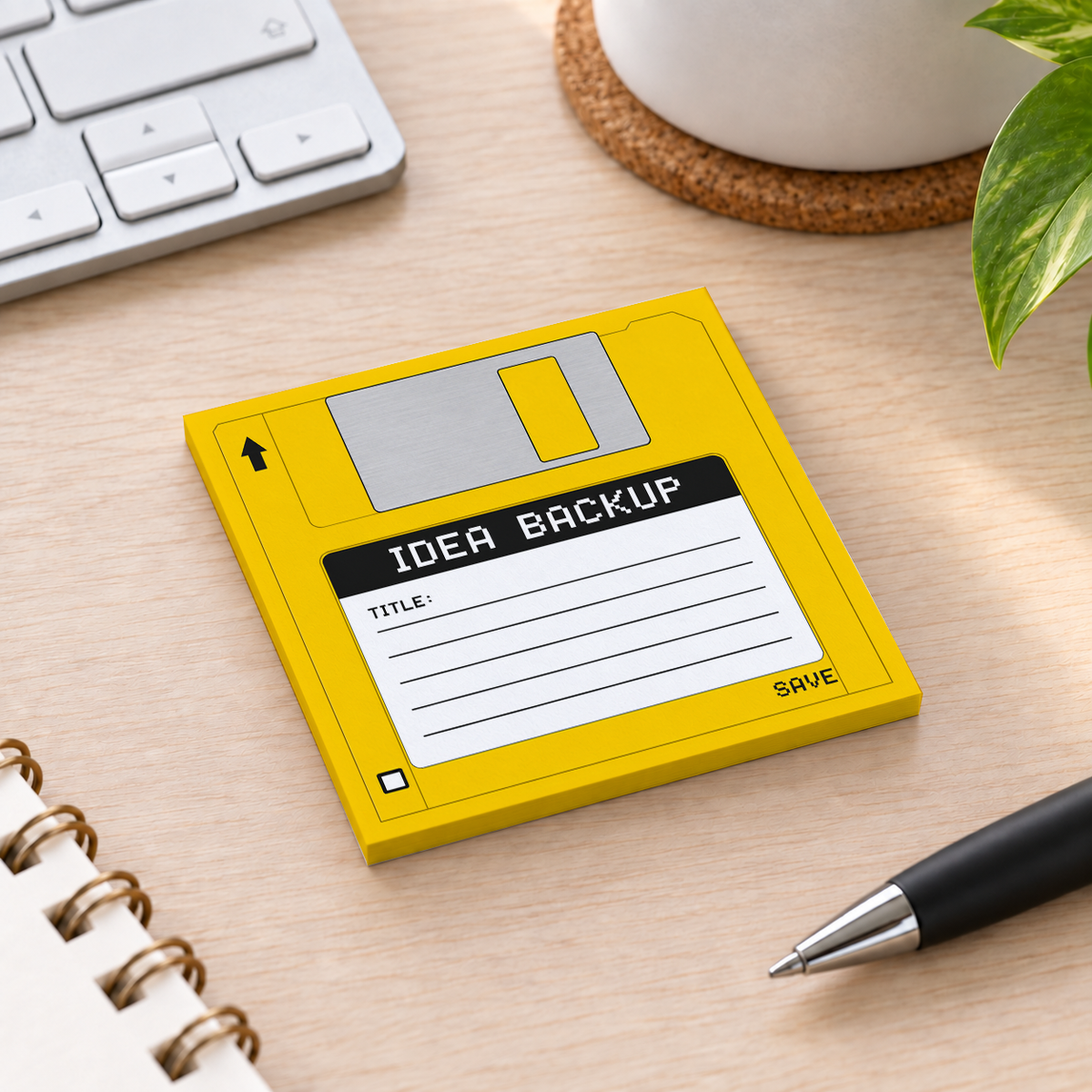 Close-up of Yellow Idea Backup Floppy Disk sticky note design and writable area