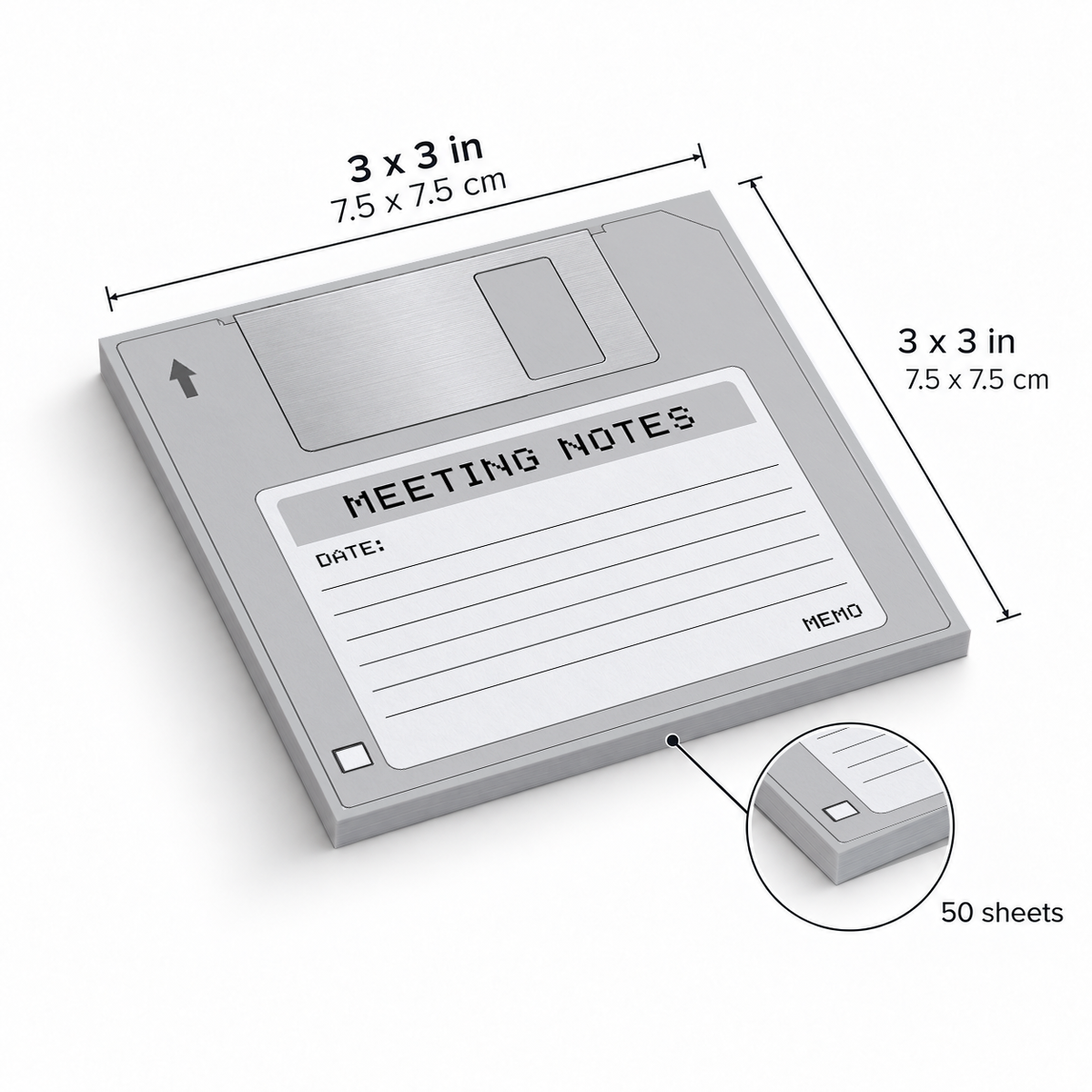 Gray Meeting Notes Floppy Disk sticky notes, 3x3 in (7.5 x 7.5 cm), 50 sheets
