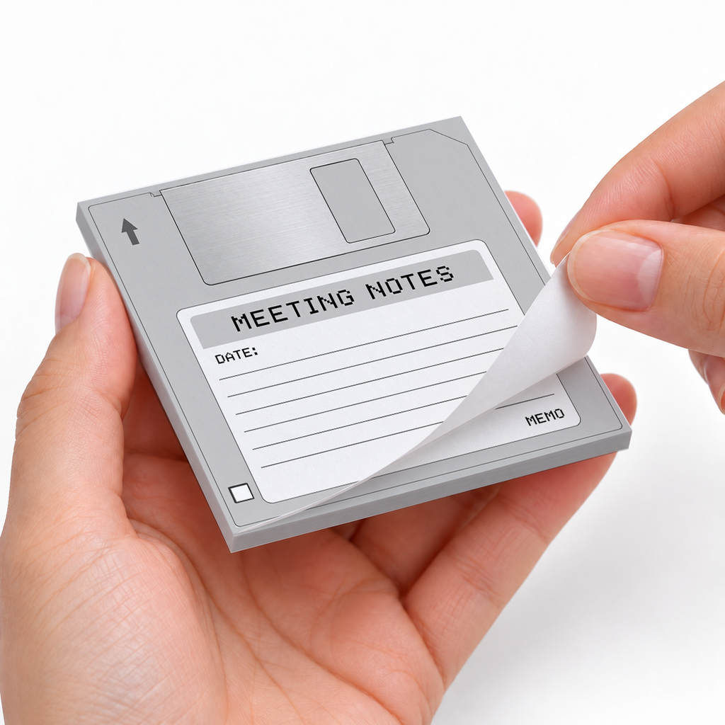 Gray Meeting Notes Floppy Disk sticky notes styled with a planner and desk accessories