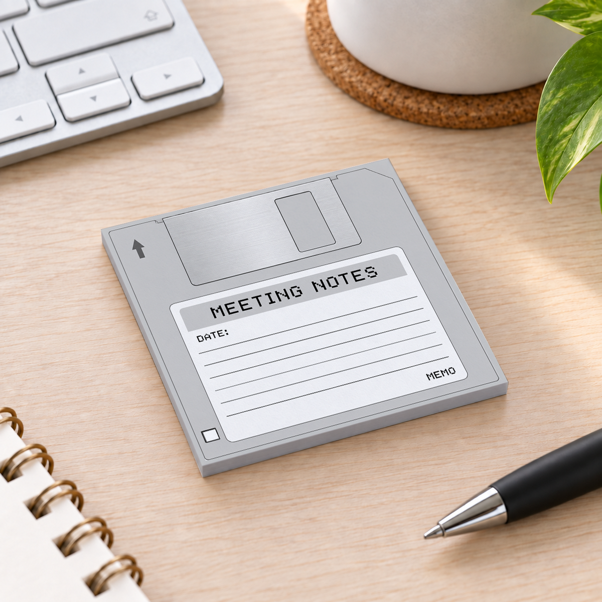 Close-up of Gray Meeting Notes Floppy Disk sticky note design and writable area