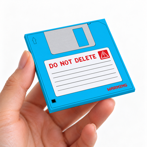Blue Do Not Delete Floppy Disk sticky note pad on a desk with stationery