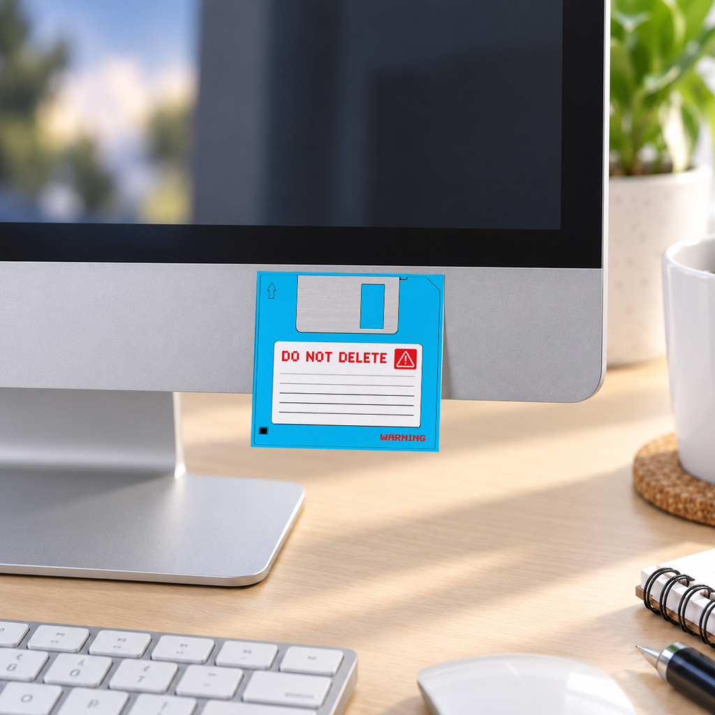 Blue Do Not Delete Floppy Disk memo pad in an office or home workspace
