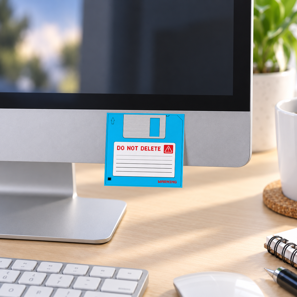 Blue Do Not Delete Floppy Disk memo pad in an office or home workspace