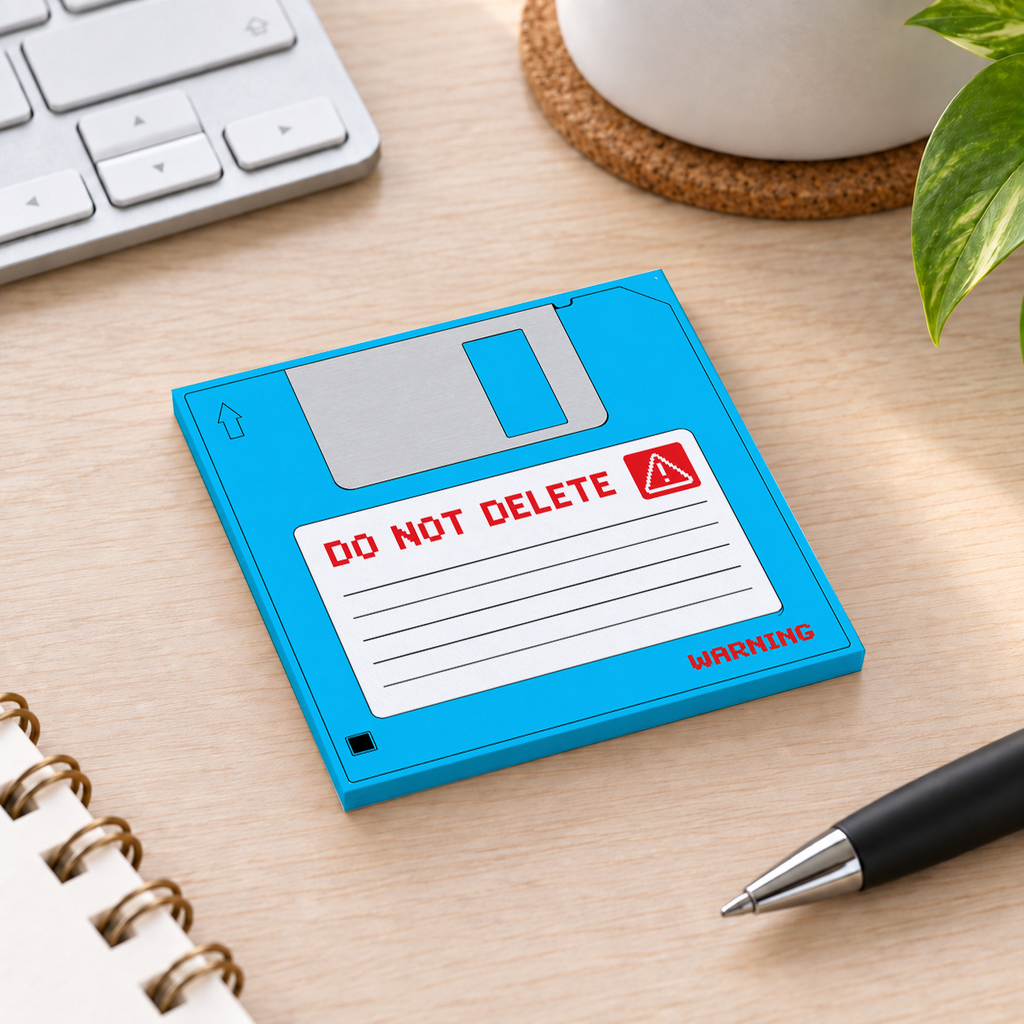 Close-up of Blue Do Not Delete Floppy Disk sticky note design and writable area