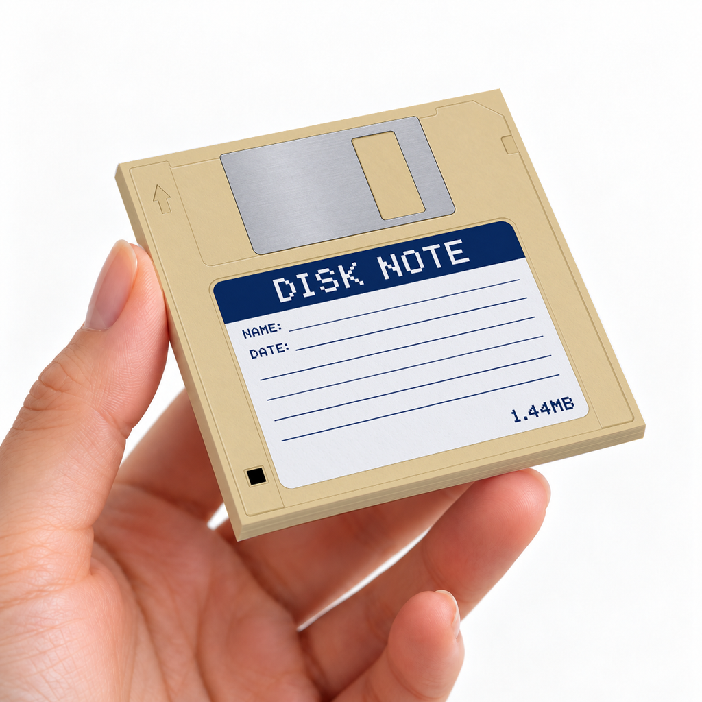 Retro Beige Floppy Disk sticky note pad on a desk with stationery