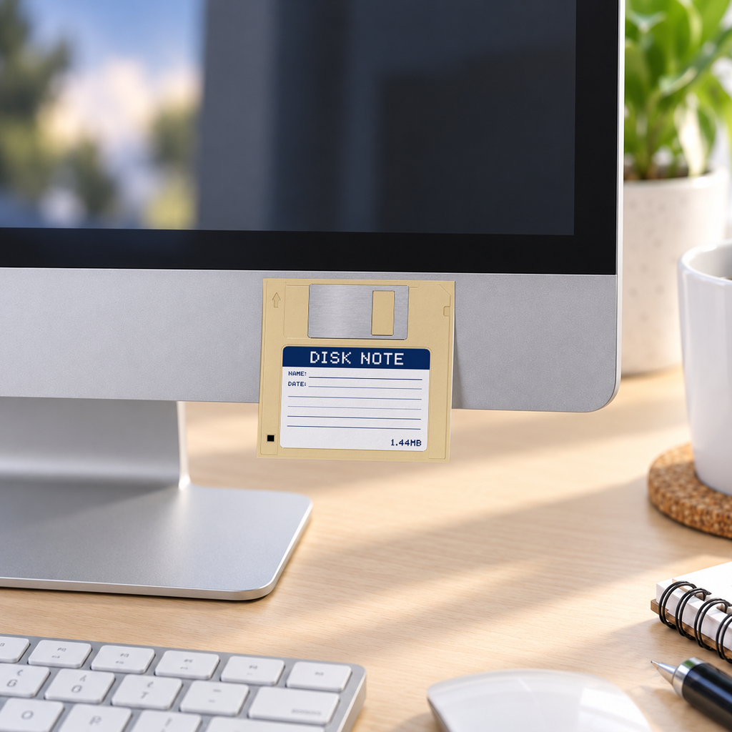 Retro Beige Floppy Disk memo pad in an office or home workspace