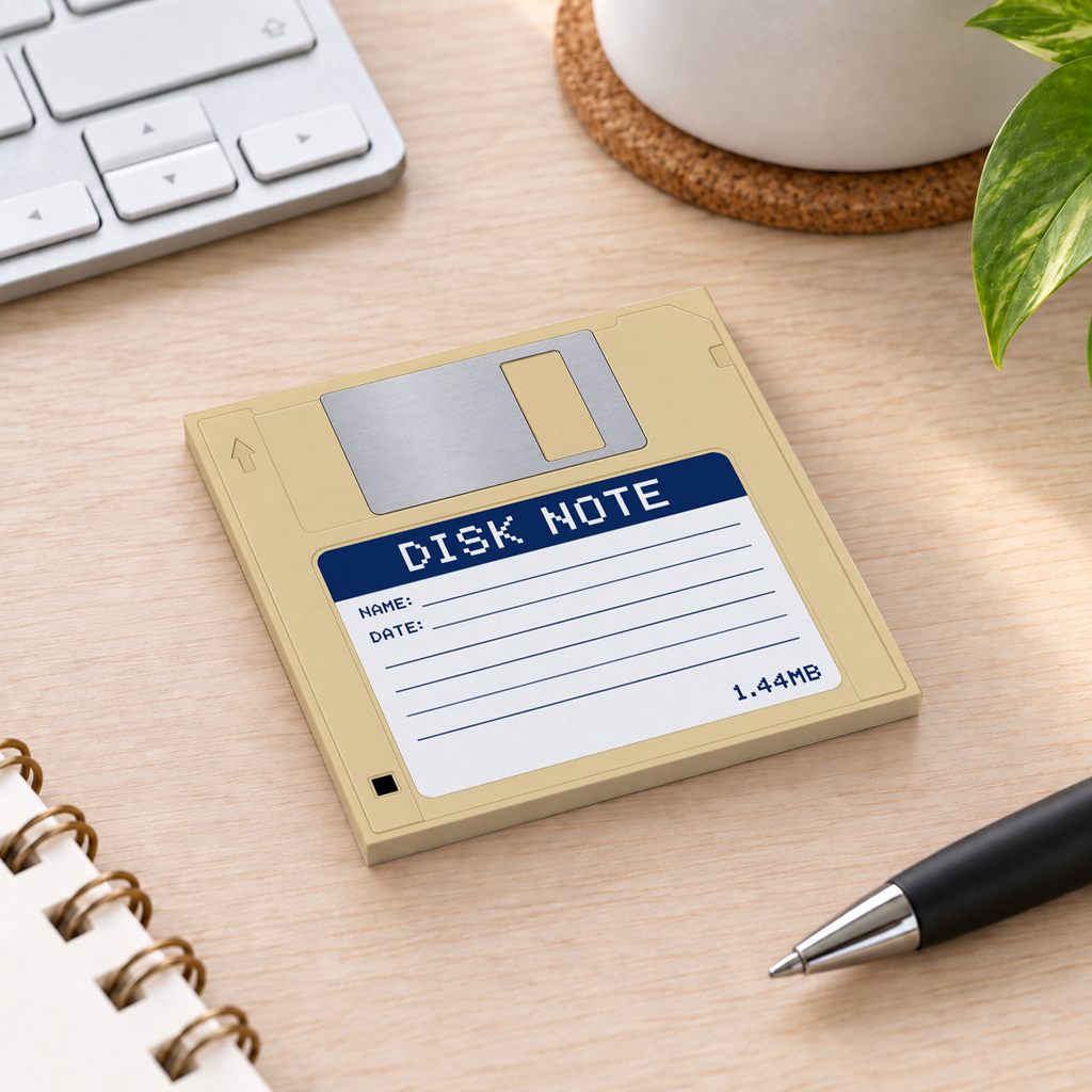 Close-up of Retro Beige Floppy Disk sticky note design and writable area
