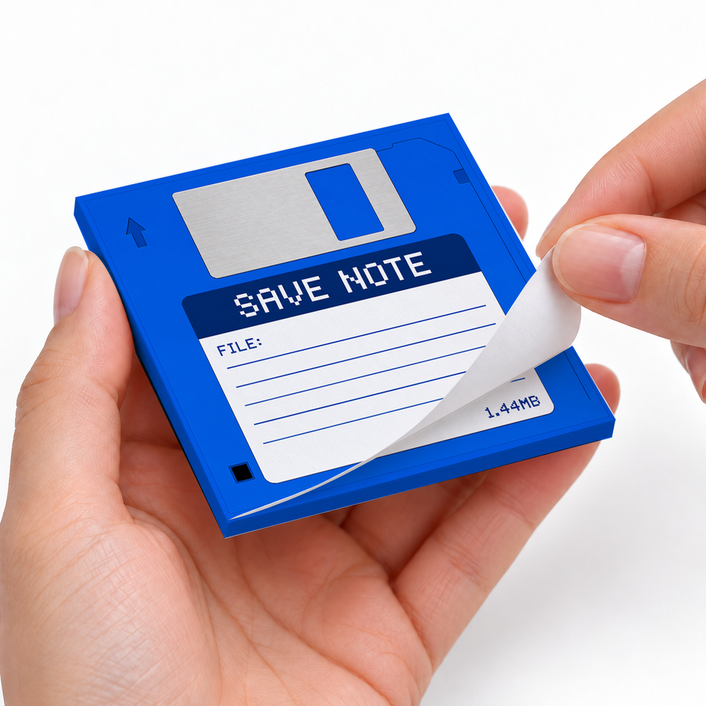 Blue Floppy Disk sticky notes styled with a planner and desk accessories