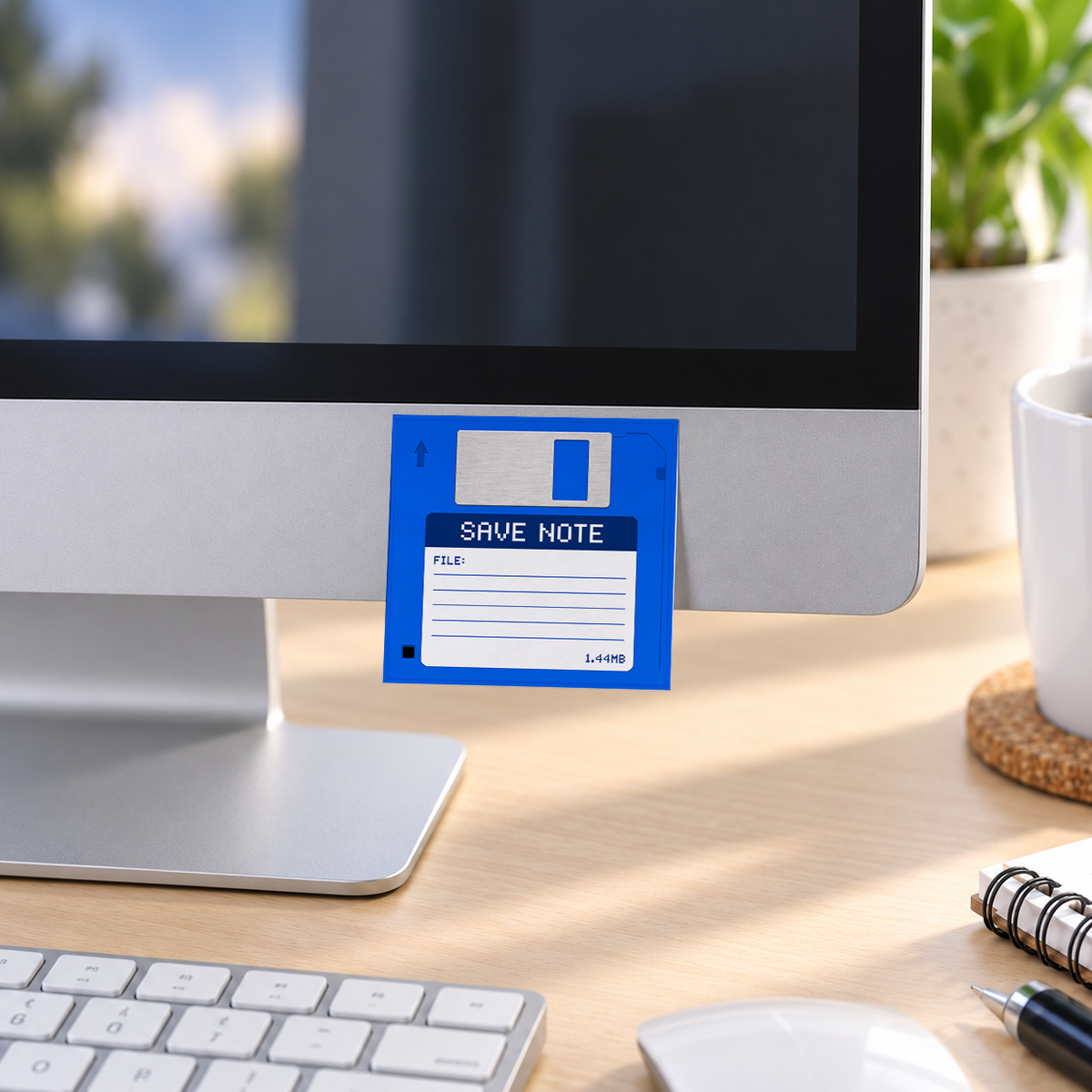 Blue Floppy Disk memo pad in an office or home workspace