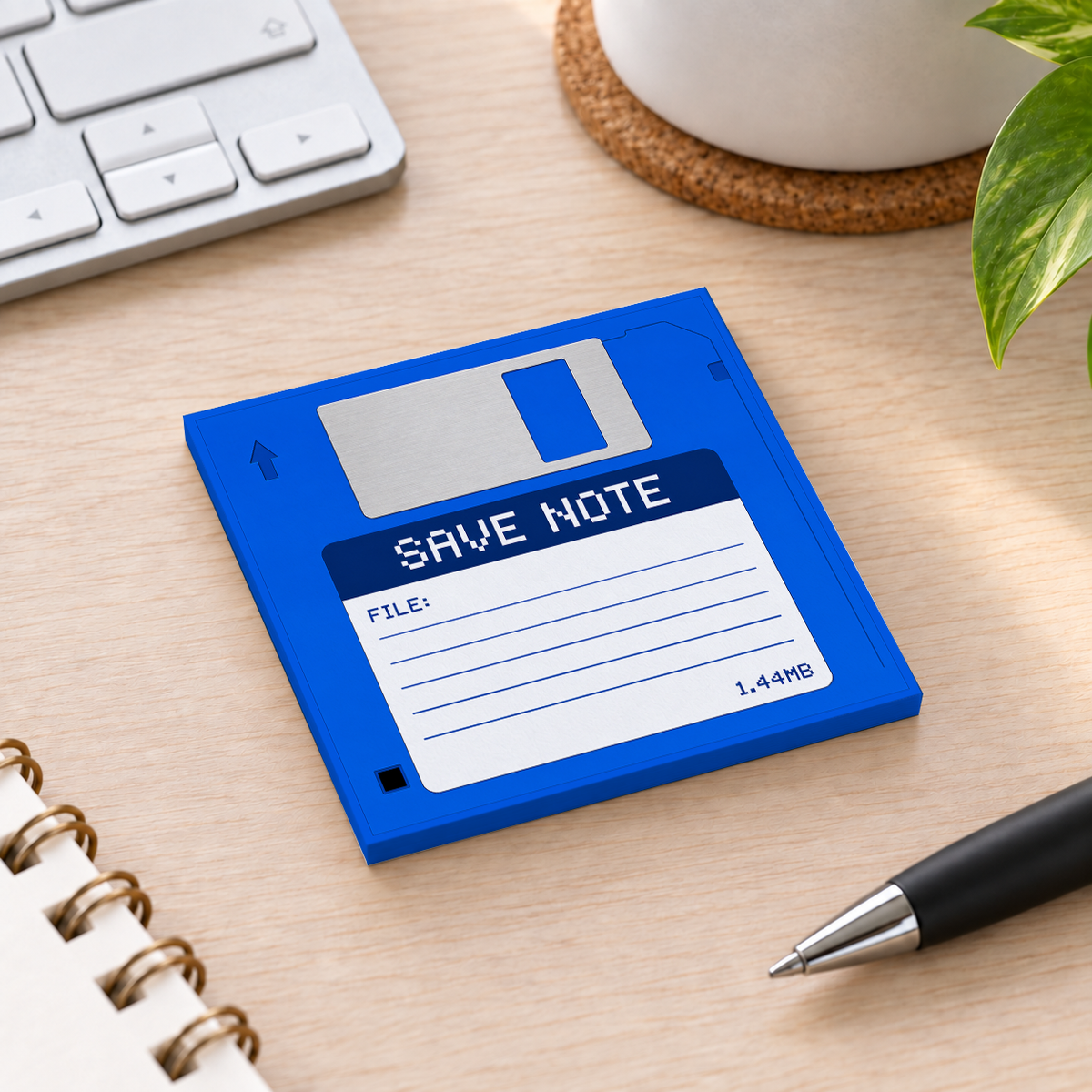 Close-up of Blue Floppy Disk sticky note design and writable area