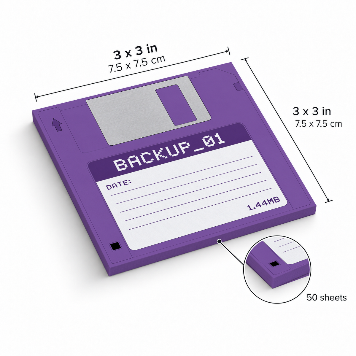 Purple Floppy Disk sticky notes, 3x3 in (7.5 x 7.5 cm), 50 sheets
