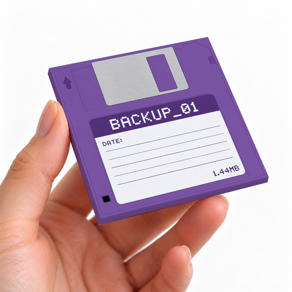 Purple Floppy Disk sticky note pad on a desk with stationery
