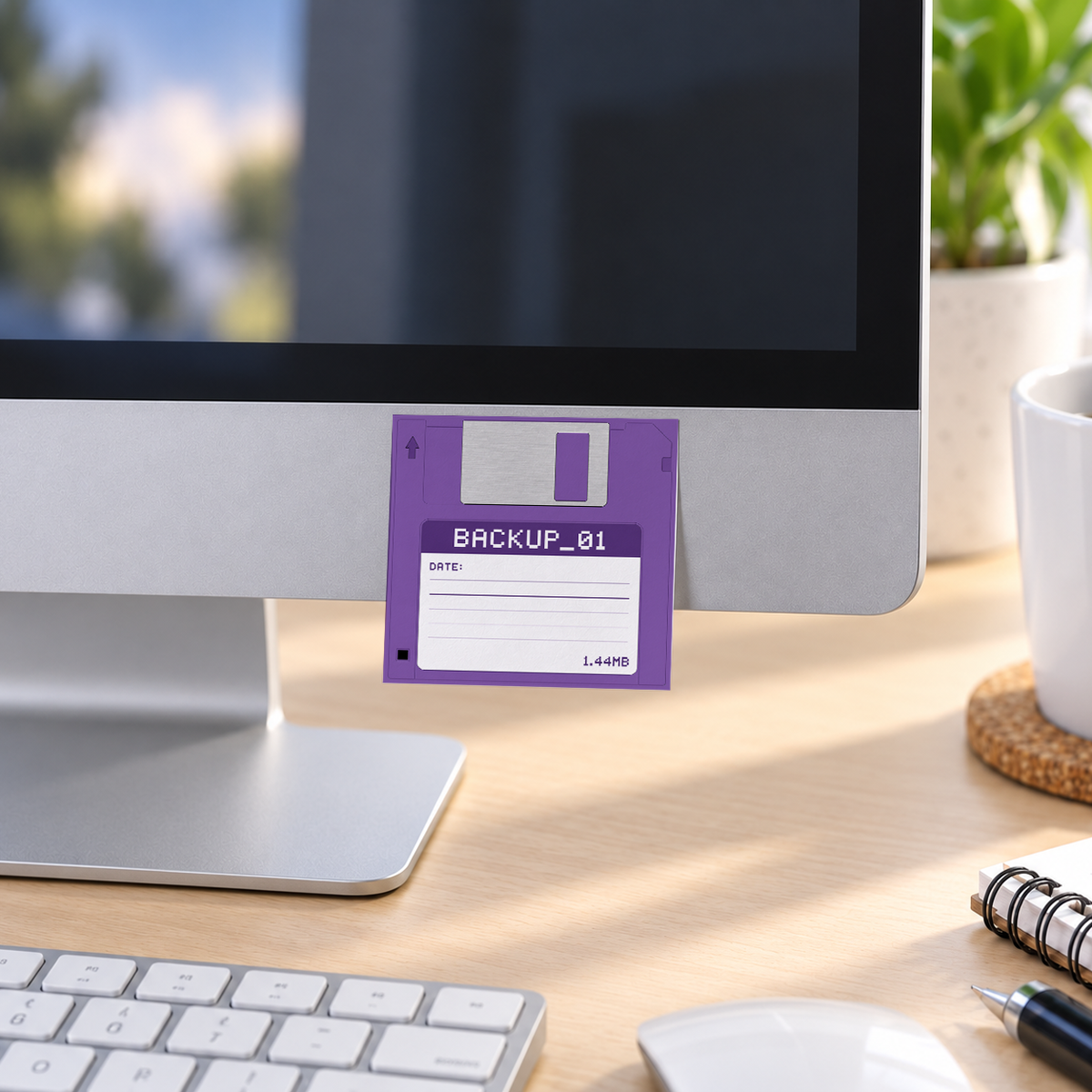 Purple Floppy Disk memo pad in an office or home workspace