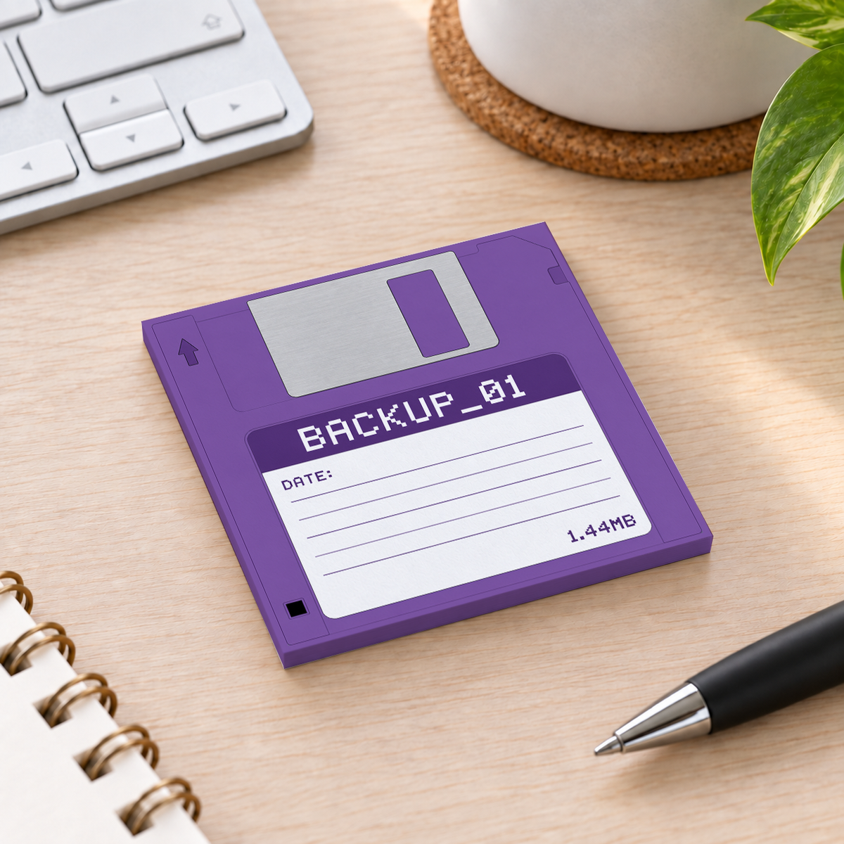 Close-up of Purple Floppy Disk sticky note design and writable area