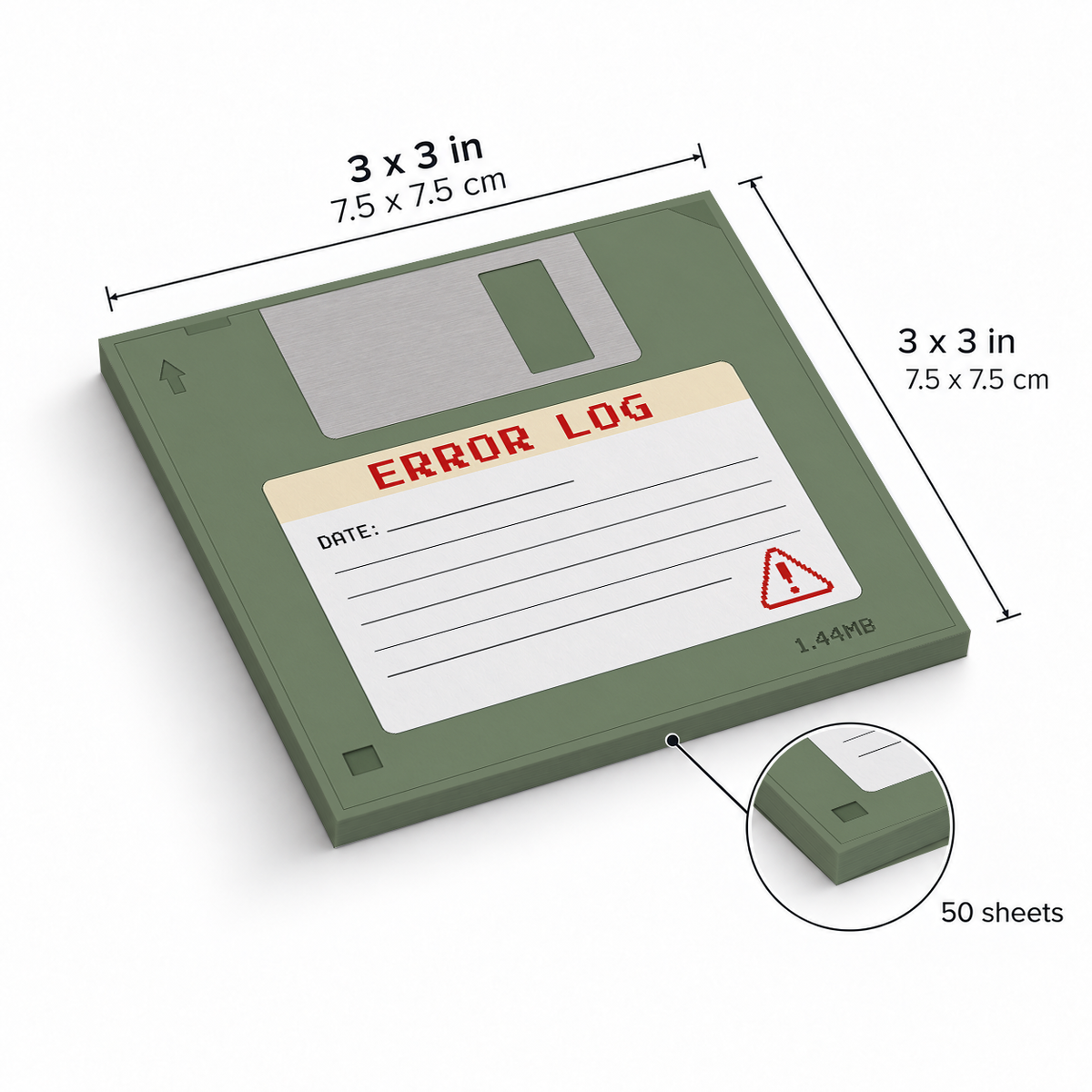 Green Error Log sticky notes, 3x3 in (7.5 x 7.5 cm), 50 sheets