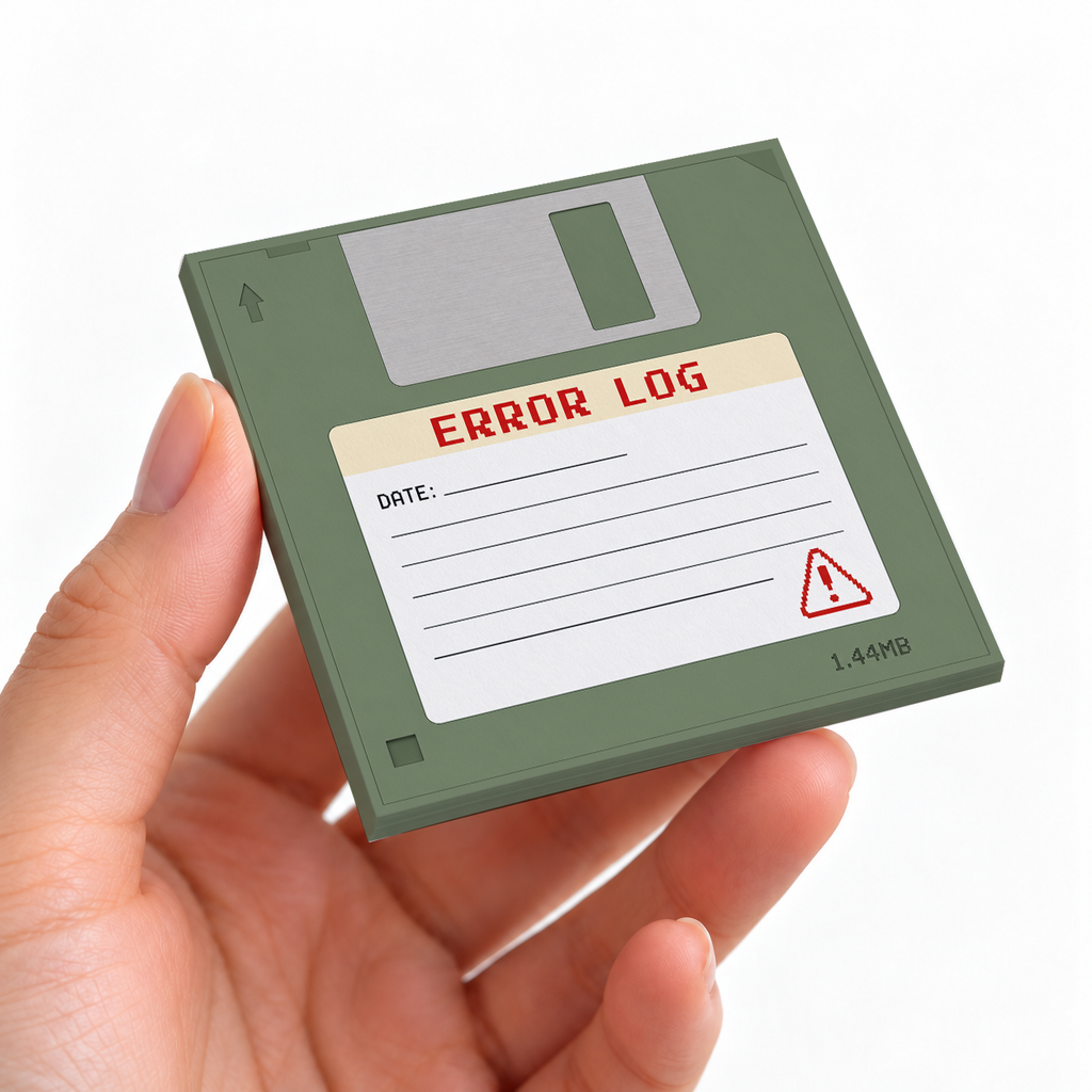 Green Error Log sticky note pad on a desk with stationery