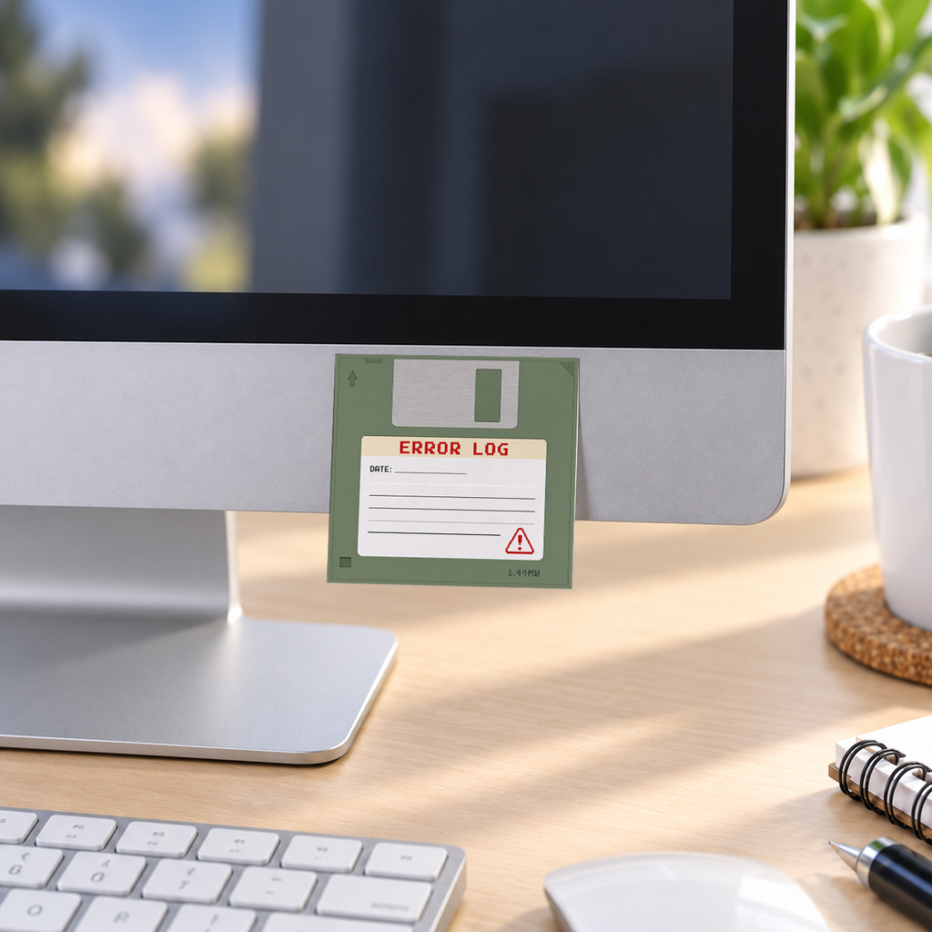 Green Error Log memo pad in an office or home workspace
