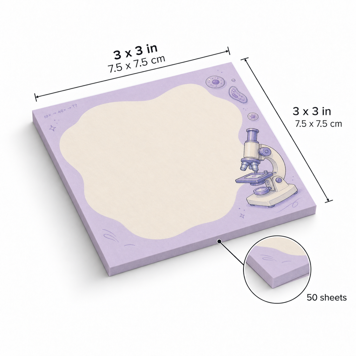 Microscope & Cells sticky notes, 3x3 in (7.5 x 7.5 cm), 50 sheets