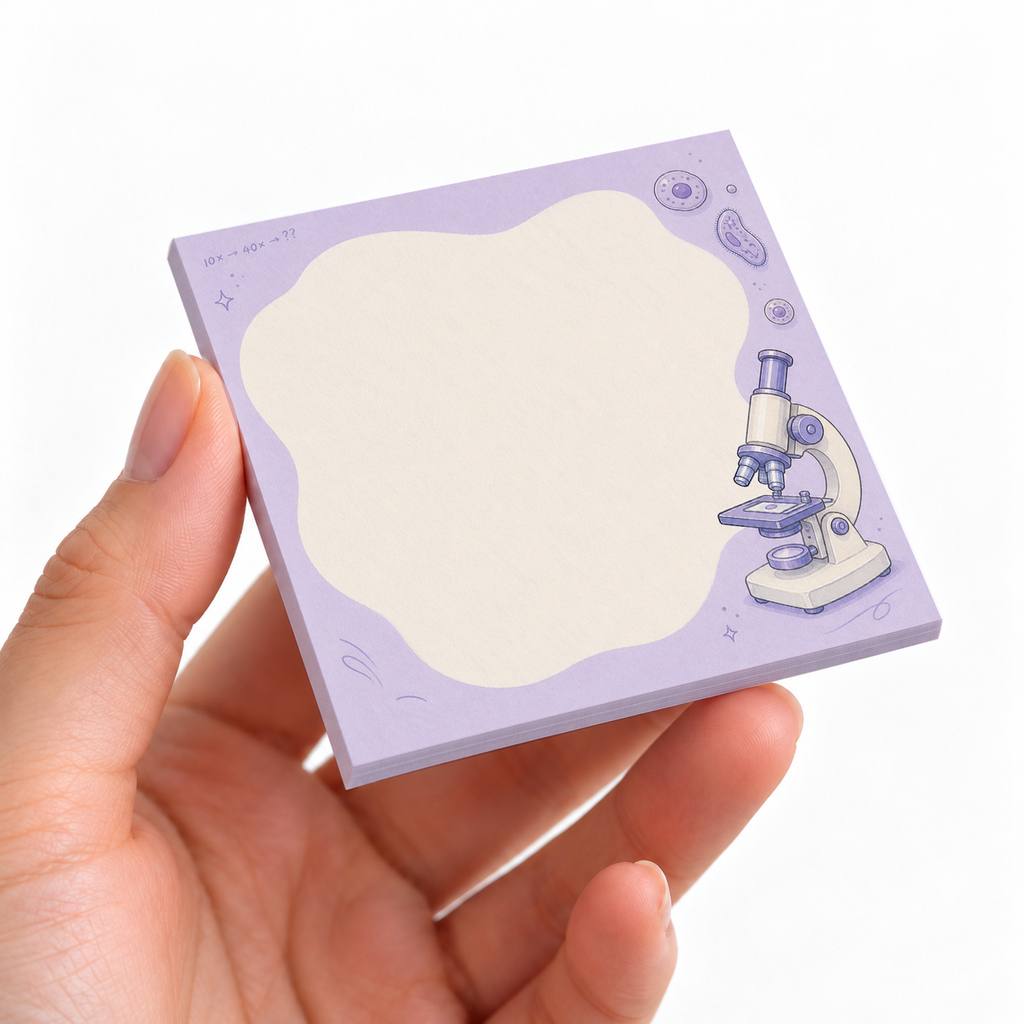 Microscope & Cells sticky note pad on a desk with stationery