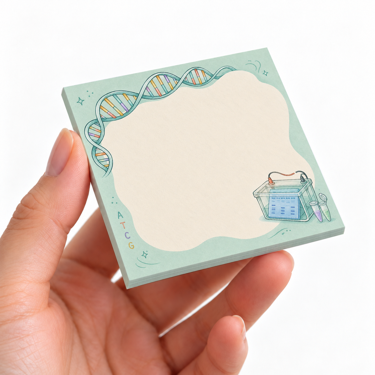 DNA & Gel Electrophoresis sticky note pad on a desk with stationery