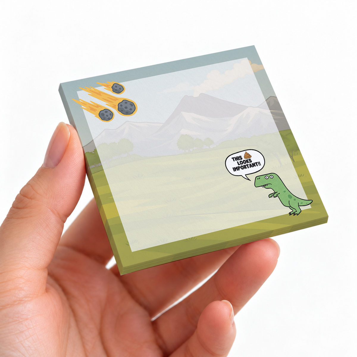 Funny T sticky note pad on a desk with stationery