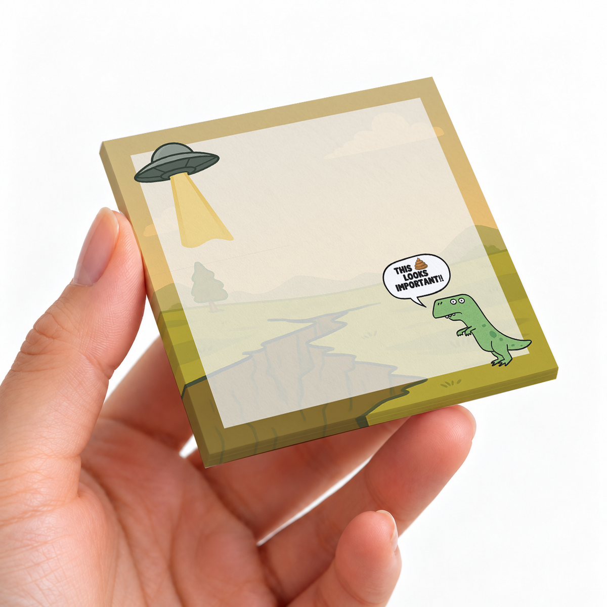 Funny T sticky note pad on a desk with stationery
