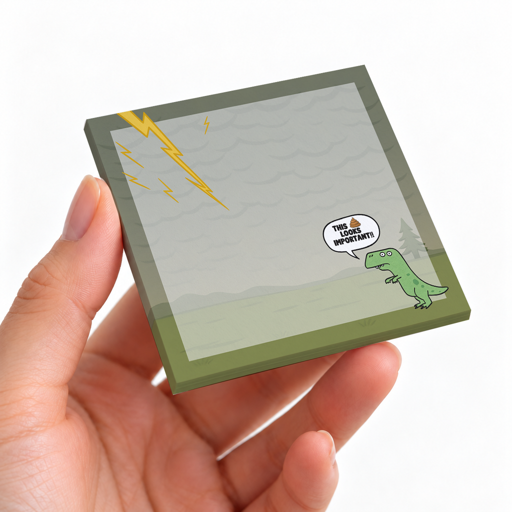 Funny T sticky note pad on a desk with stationery