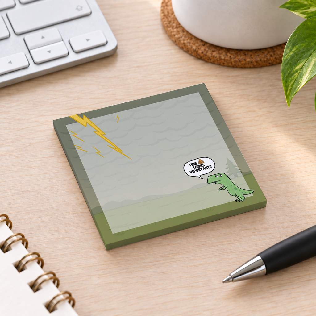 Close-up of Funny T sticky note design and writable area
