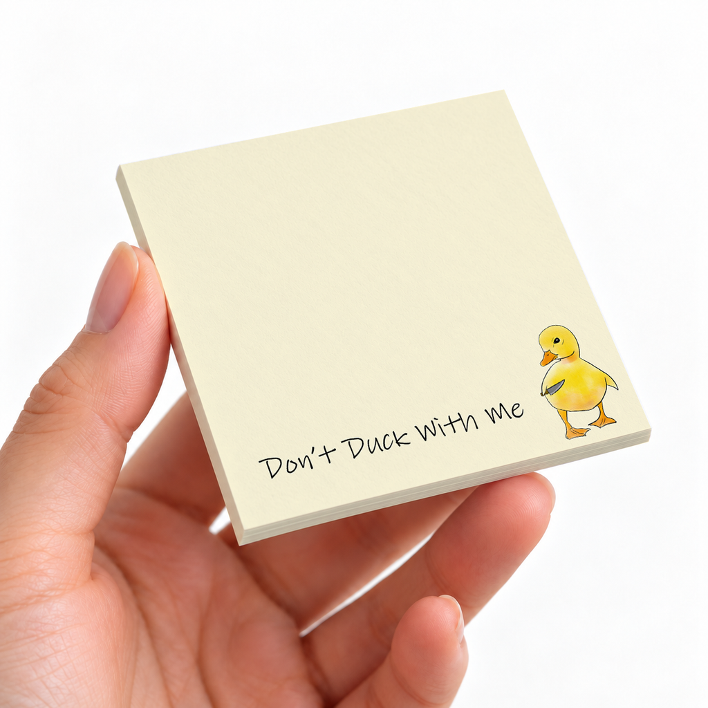 Funny Knife Duck sticky note pad on a desk with stationery