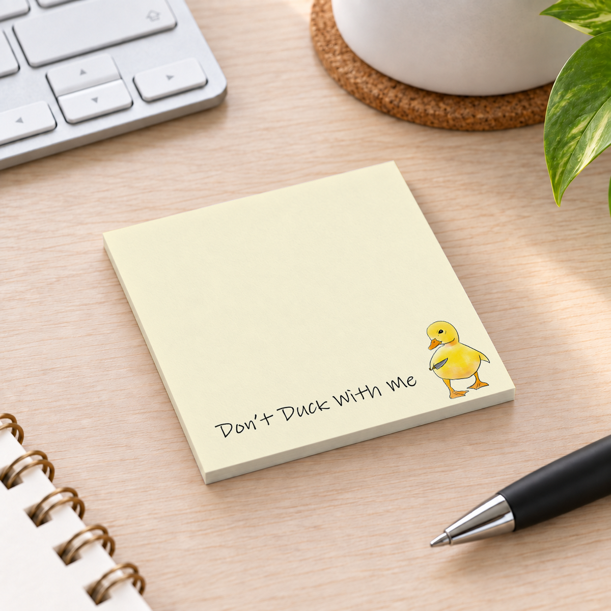 Close-up of Funny Knife Duck sticky note design and writable area