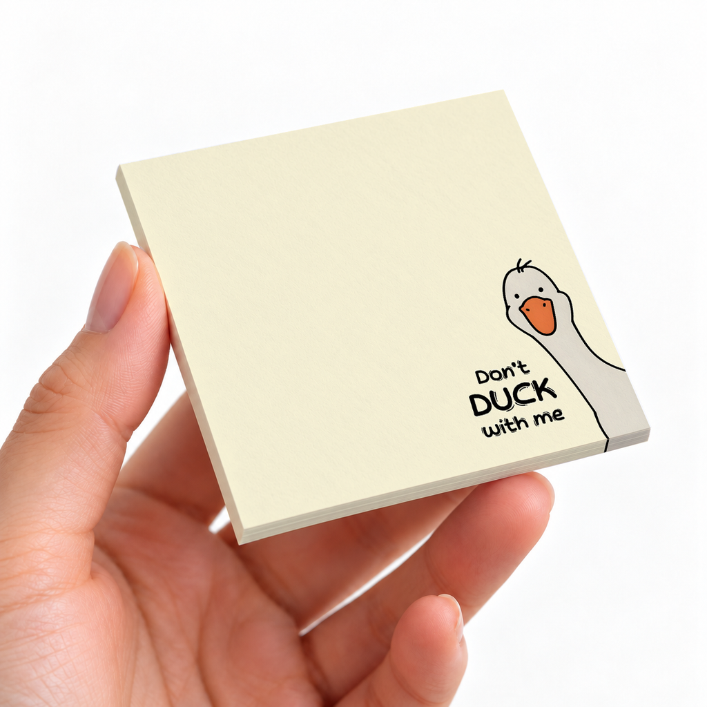 Peeking Duck sticky note pad on a desk with stationery