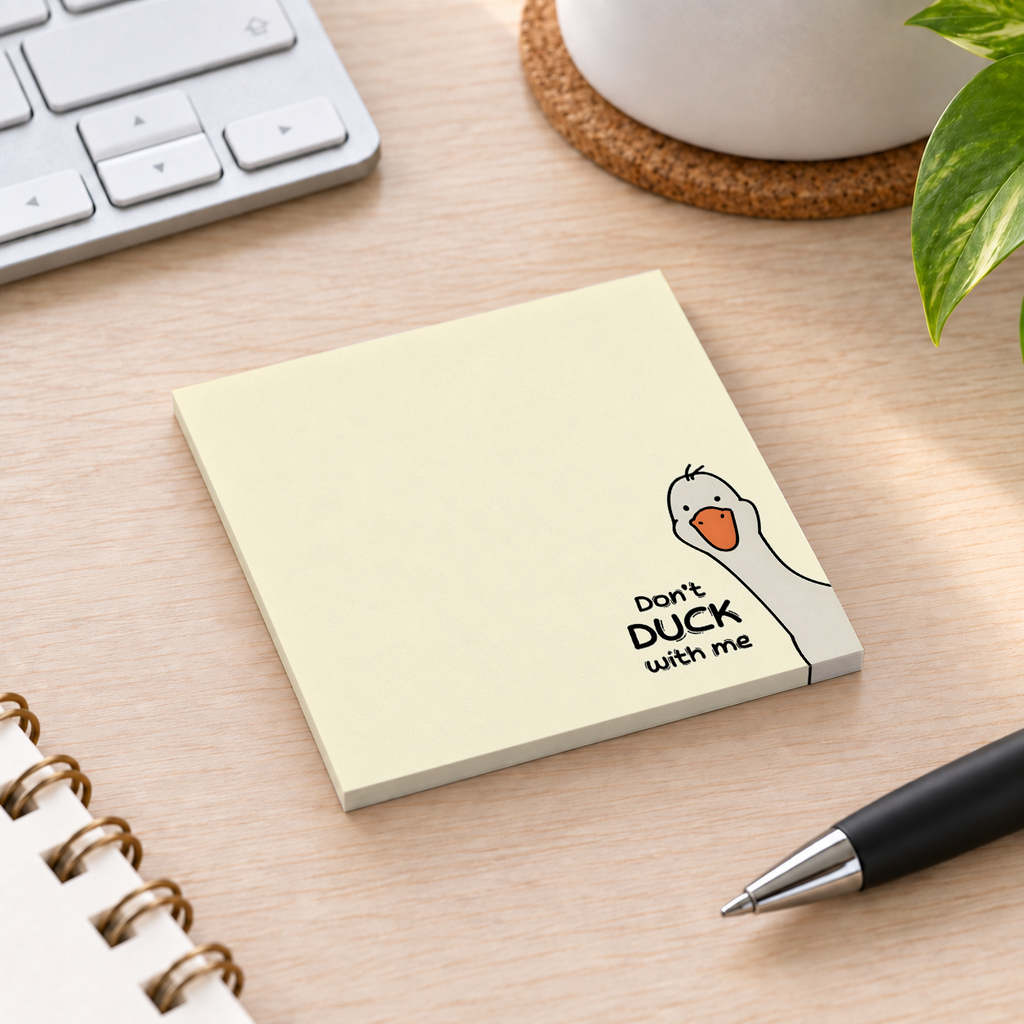 Close-up of Peeking Duck sticky note design and writable area