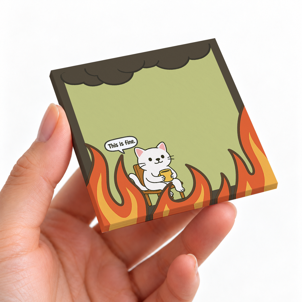 White Cat "This is Fine" sticky note pad on a desk with stationery