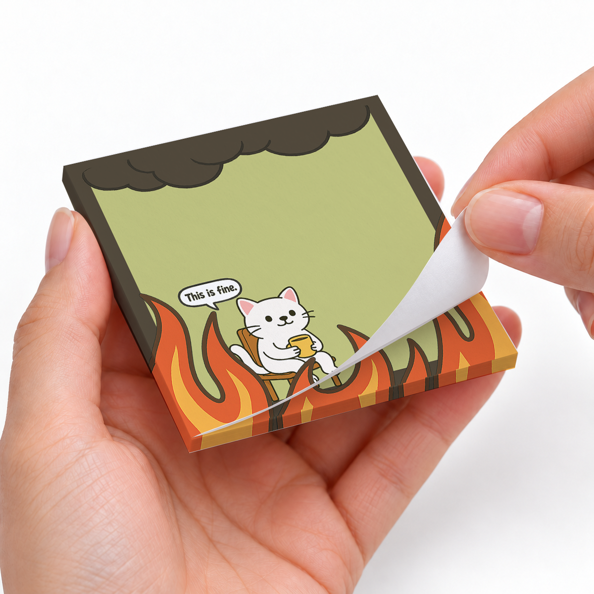 White Cat "This is Fine" sticky notes styled with a planner and desk accessories
