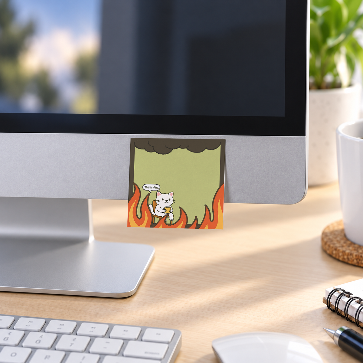 White Cat "This is Fine" memo pad in an office or home workspace