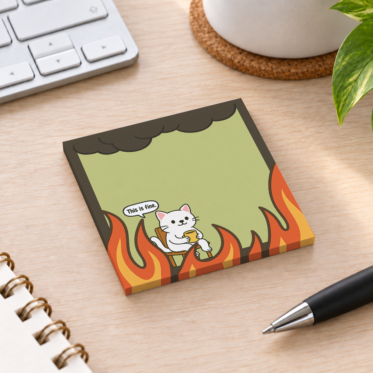 Close-up of White Cat "This is Fine" sticky note design and writable area