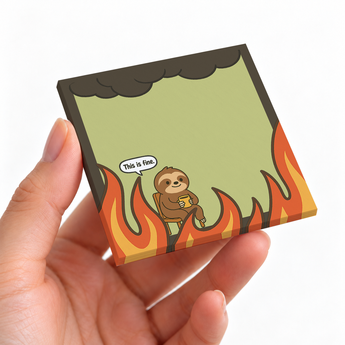 Funny Sloth "This is Fine" Sticky Notes for Office sticky note pad on a desk with stationery