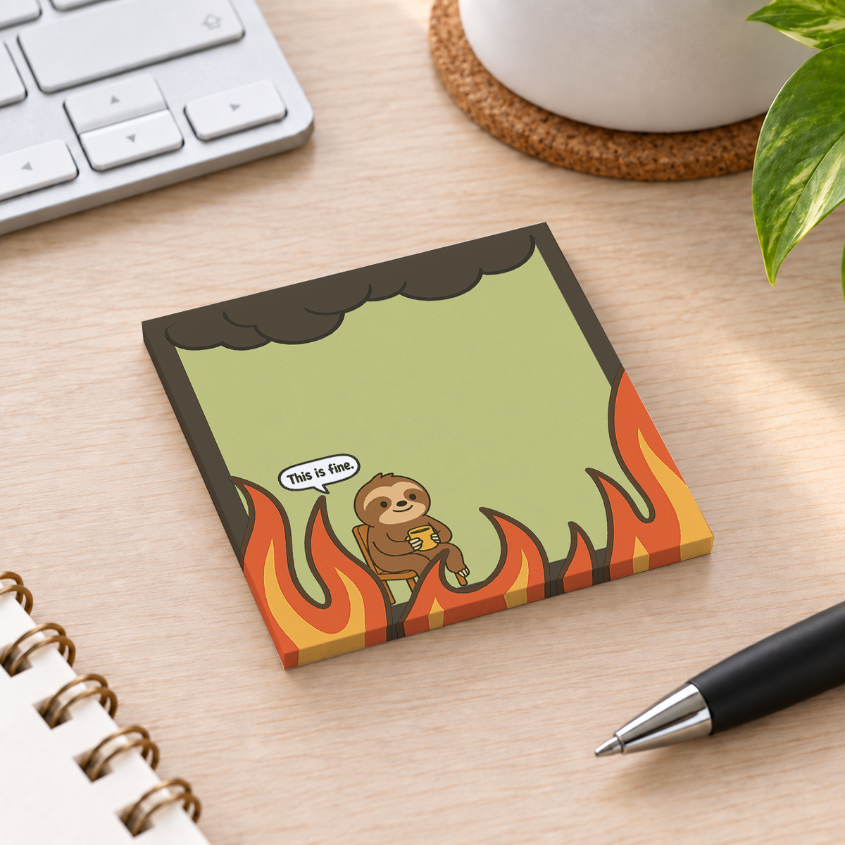 Close-up of Funny Sloth "This is Fine" Sticky Notes for Office sticky note design and writable area